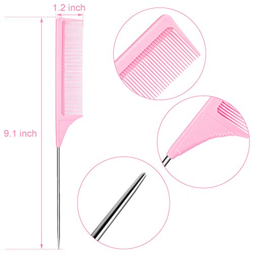Leinuosen 3 Pack 9 Inch Rat Tail Comb with Metal Pick, Carbon Fiber,Pink | Heat Resistant Styling, Lightweight Sectioning, Fine Tooth for Precise Parting, Teasing Tool for Wigs and Women Haircare - color: Pink