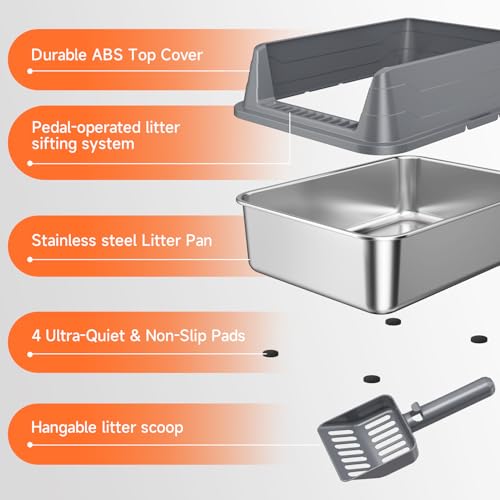Stainless Steel Cat Litter Box Low Entry Litter Pan Include Scoop | Odor Free Metal High Sides Lid Open Top Easy Cleaning Anti-Scratc Anti-Urine Leakage Non-Sticky - color: Dark Grey S