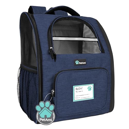 PetAmi Dog Backpack Carrier Airline Approved Cat Pet Puppy Bag, Navy | Ideal for Small Medium Large Pet up to 18 lb, 2 Side Entry Structured No-Collapse Frame, Ventilated Bookbag for Hiking Travel - color: Heather Navy