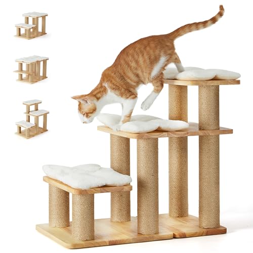 FUKUMARU Dog Stairs, Solid Wood Pet Stairs with Cat Scratching Post | Transformable Cat Step Hold Up to 200 lbs, 20" Pet Ramp for Dogs and Cats to Climb High Bed and Couch, Over 6 Combinations - color: White