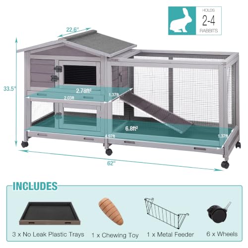 Suumerpety 62" Rabbit Hutch with Chew-Proof Ramp & Waterproof Roof - Indoor/Outdoor Bunny Cage, 2-Story Design, 6 Lockable Caster Wheels & Dual Pull-Out Trays (Grey) - color: (Grey)