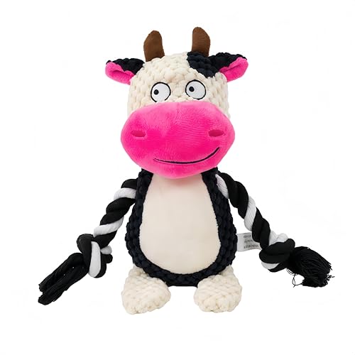 Interactive Puppy Toy, Plush Squeaky Dog Toy with Crinkle Paper Rope (White & Pink) - color: White & Pink