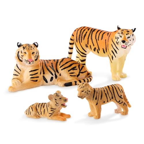 Terra by Battat Tiger Family Animal Figures, 4-Piece Safari Set, Animals | Plastic tiger family with 2 adult tigers and 2 tiger cubs that stand on their own paws for zoo, jungle, and safari, 3+ Years - style: Tiger Family