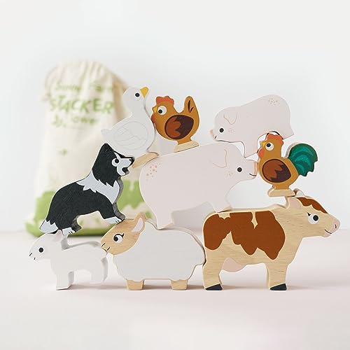 Le Toy Van Petilou Wooden Sunny Farm Stacking Animals and Bag | Farmyard Animal Building Blocks, Balancing Toy, Wooden Animal Toys for Toddlers, Suitable for 18 Months and Up