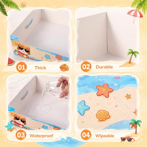 Domensi 10 Pack Travel Litter Box for Cats, Summer Portable Litter Box, Disposable Foldable Waterproof Cardboard Temporary Use Cartoon Cute Beach Theme for Kittens Rabbits Pigs, Gift for Cat Lovers