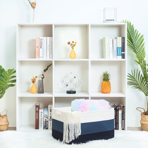 22in Extra Large Blanket Basket Holder Living Room, Rectangle Rope Woven Storage Basket with Handles for Laundry, Pool Towels, and Shoes, Dog Toy Organizer Bin Box, 3-Tone Blue - color: 3-Tone Blue