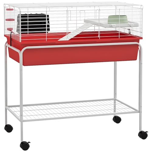 PawHut Two-Story Small Animal Cage Removable from Stand, Guinea Pig Cage with Shelf & Wheels, Pet Habitat for Hedgehog, Chinchilla, Ferret, 33" x 18.5" x 35", Red | Removable from Stand, Guinea Pig Cage, Pet Habitat for Hedgehog, Chinchilla, Ferret - colo
