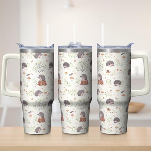 30oz Hedgehog Stainless Steel Tumbler with Handle and Straw, Insulated Cup Travel Coffee Mug Water Bottle with Lid and Straw, Animal Lovers Women Gifts - color: Hedgehog