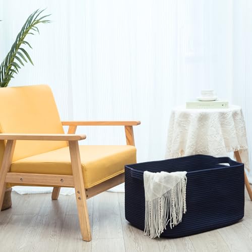 22in Extra Large Blanket Basket Holder Living Room, Rectangle Rope Woven Storage Basket with Handles for Laundry, Pool Towels, and Shoes, Dog Toy Organizer Bin Box, Full Navy - color: Full Navy Blue