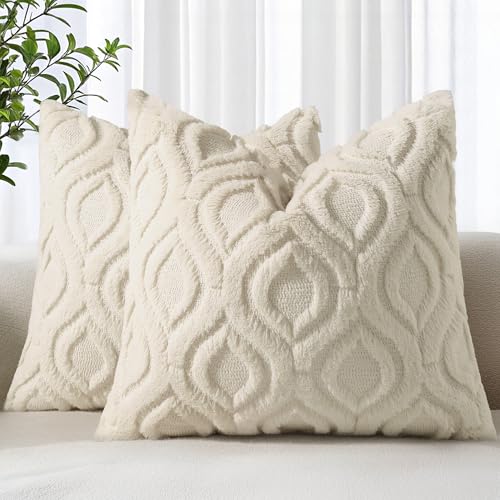 decorUhome Faux Fur Plush Soft Beige Throw Pillow Covers 16x16 Set of 2 | Wool Solid Fall Couch Pillow Covers, Accent Modern Farmhouse Neutral Decorative Square Pillow Cases for Sofa Bed Living Room - color: Beige, size: 16" x 16" (Pack of 2)