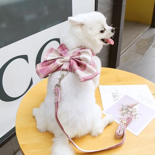 Cute Dog Harness and Leash Set with Bow Tie Soft Mesh Plaid Girl Puppy Harness No Pull Pet Cat Dog Vest Harness for Small Dogs Chihuahua Rabbit Outfit (Pink,XS) - color: Pink, size: XS(Chest 9"-10")