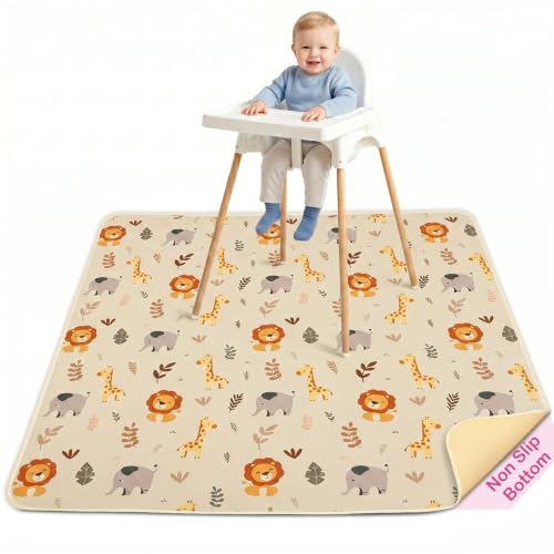 Basumee Splat Mat for Under High Chair, Waterproof & Mess-Proof Floor Mat | 46"×42" Baby Splash Mat, Non Slip Bottom, 4-Layer Fabric, Food & Liquid Catcher, Machine Wash for Boy Girl, Meals, BLW, Craft - color: Cream Animals, size: 46x42 Inches