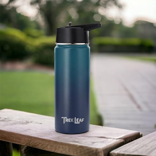 Travel Water Bottle with 3 Lids (Spout, Straw, Flip) Leak Proof, Quality, Vacuum Insulated, Stainless Steel (Deep Water, 18 oz) - color: Deep Water, size: 18 Ounces