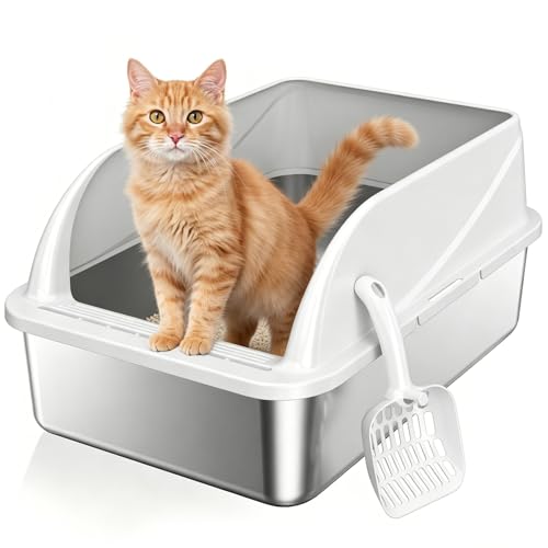 Stainless Steel High-Sided Cat Litter Box with Scoop - Medium | Open top litter pan for indoor cats. Easy to clean design significantly reduces litter scatter.