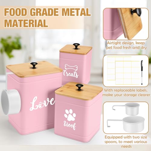 Jingmore Metal Dog Treat Containers Set of 3 with Bamboo Lids and Spoon Airtight 7+3+2 lbs Dog Food Snack Jars with DIY Labels Big Pet Cookie Storage Jar for Kitchen Counter (Pink,Funny) - color: Pink, style: Funny
