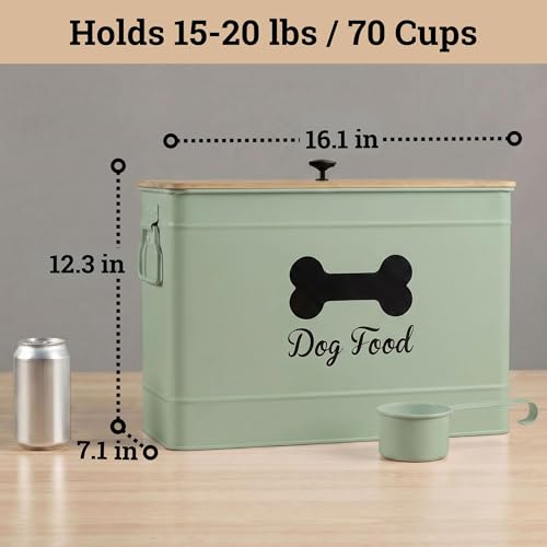 Metal Dog Food Container 15-20 lbs w/ Airtight Bamboo Lid, 70 Cup Capacity | Pet Jar For Dogs up to 100lbs, Airtight Bamboo Lid, Sturdy Comfortable Metal Handle, Powder Coated Iron, Kibble Storage Bin - color: Sage Green