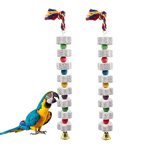 2 Pack Large Bird Chewing Toy, Parrot Beak Grinding Calcium Stone with Bells, Bird Cage Accessories, Cage Toys for Cockatiel Parakeet Parrot Budgies Rat Hamster Chinchilla Rabbit Bunny African Grey - color: White, size: 13.77 inch Long