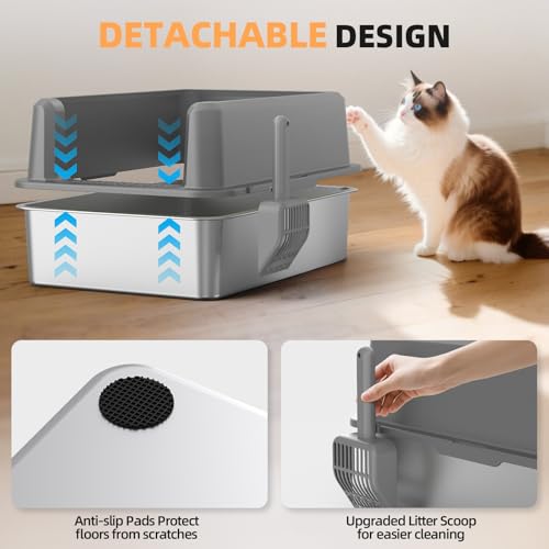 Stainless Steel Cat Litter Box, XXL High Sided Open Top Litter Pan, 1 Scoop | XXL, Spacious Interior, High Sides, Anti-Urine Leakage, Non-Stick Odor Resistant, Easy Clean, Reduce Litter Tracking - color: 3 - Light Gray (Pack of 1)
