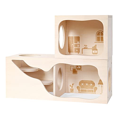 Hamster Hideout Wooden House Chamber Small Animals Pets Tunnel Exploring Toys Secret Peep Shed for Dwarf Hamsters, Syrian Hamsters, Gerbils, Hedgehogs, Rats, Mice (Study Room)