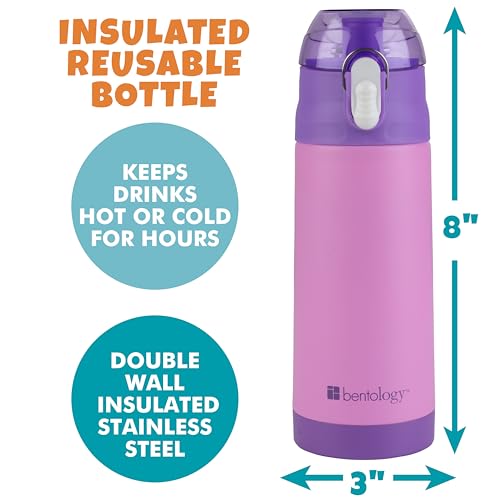Bentology Stainless Steel 13 Oz Reusable Water Bottle for Kids, Pink | Double Wall Insulated, Spill Proof Lid W/Built-in Straw- Keep Liquids Hot or Cold- Easily Fits in Lunch Boxes & Bags - color: Pink