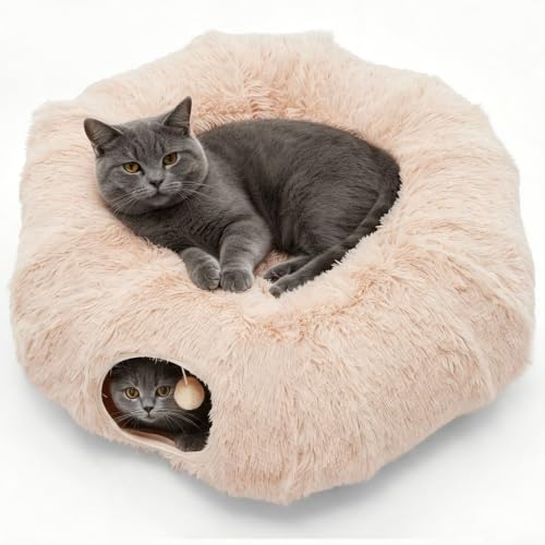 DUMOS Cat Tunnel Bed for Indoor Cats, Cave Donut Play Tunnel, Cream | Soft Plush Peekaboo, Washable Circle Cushion, Multifunctional Playground Under Tree Toys for Kittens, Puppy, Rabbit, Ferret - color: Cream