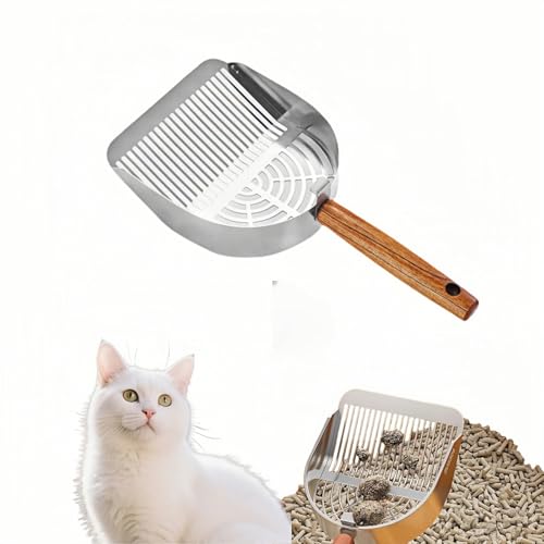 Premium Stainless Steel Cat Litter Scoop-Triple Guard Walls&Non-Stick Design,Silver,Flat Shovel Head Design Solid Deep Edge Wood Handle,Dual Hooks 1Pack,6.1x5.3inch (Silver long strip) (Silver) - color: Silver