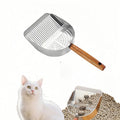 Premium Stainless Steel Cat Litter Scoop-Triple Guard Walls&Non-Stick Design,Silver,Flat Shovel Head Design Solid Deep Edge Wood Handle,Dual Hooks 1Pack,6.1x5.3inch (Silver long strip) (Silver) - color: Silver
