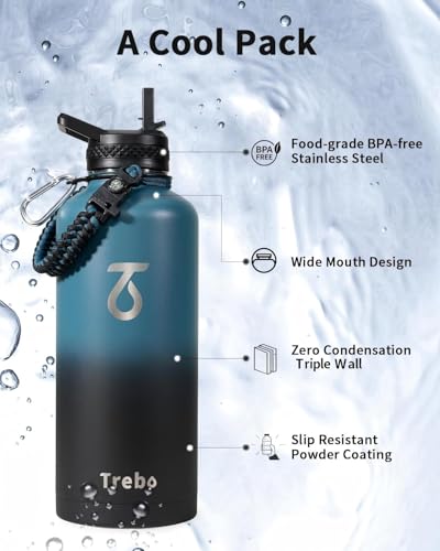Trebo Water Bottle Insulation 87 oz, Vacuum Stainless Steel Water Jug (Keep Cold for 48 Hrs), LeakProof & Non-BPA, Water Flask with Paracord Handle & Straw Spout Lids, Indigo/Black | Large Stainless Steel Water Jug, Triple Wall Vacuum Copper Plated, Dishw