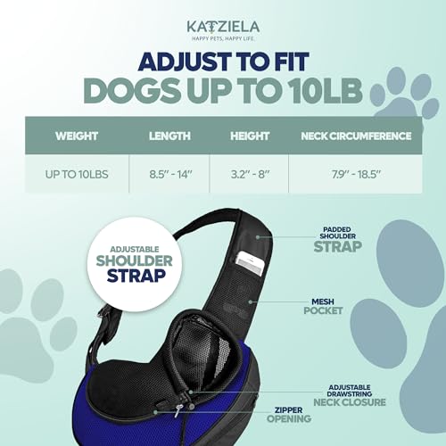 Expandable Pet Carrier Sling Bag - Small Dog, Puppy and Cat Carrier Front Shoulder Backpack w/Harness Strap - Carrying Pouch for ESA, Animal Travel - PU Leather Bottom, Mesh Pocket by Katziela (Blue) - color: Blue