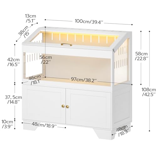 HOOBRO Large Hamster Cage, Acrylic Hamster Habitat with Storage Cabinet and Led Light Strip, Big Hamster Enclosure with Flip-Top Lid, Easy to Clean, 39.4" x 18.9" x 42.5", White WT01AC03G1