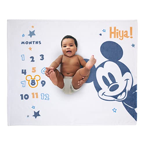 Disney Mickey Mouse White, Blue, and Orange Super Soft Milestone Baby Blanket - color: Mickey Mouse White, Blue, and Orange