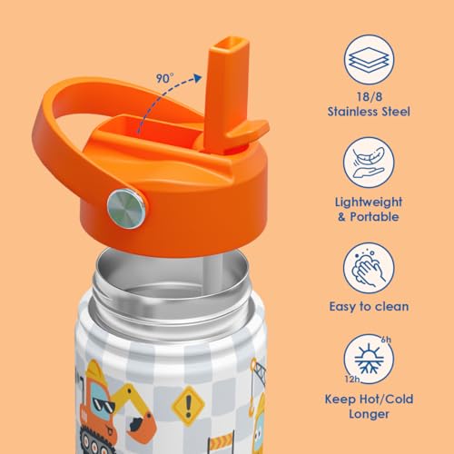 SANDJEST Kid Water Bottle 12oz with Straw Lid - 2-Pack Insulated Stainless Steel Water Bottles for Kids Girls - Travel Cup for School Sports, Construction & Dinosaur - color: Dinosaur + Construction (2 Pack)
