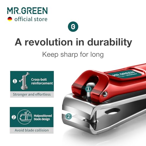 MR.GREEN Nail Clippers Curved Blades Fingernail Cutter Nippers Manicure Scissors Stainless Steel Pedicure Tools with Nail Flies (Medium-Red+Glass File) - color: Medium-red+glass File