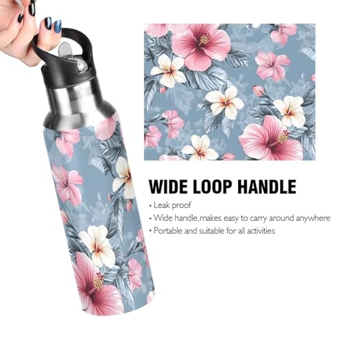 Pink Hibiscus Flower Water Bottle Girls with Straw Lid | Stainless Steel Water Bottle Leak Proof Boys Girls Insulated Tumbler Cup for School 20 oz - color: Multi24