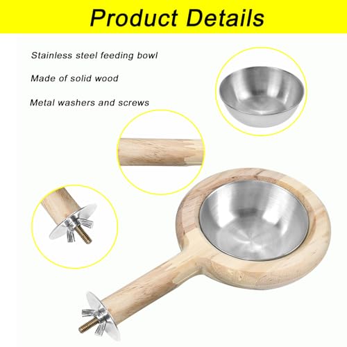 2-Pack Bird Perch Feeding Cup for Parakeet Cockatiel Budgie | Solid wood perch with stainless bowl secures to cage, preventing spills and scattered seeds for small birds - color: 2*large bird feeding cup