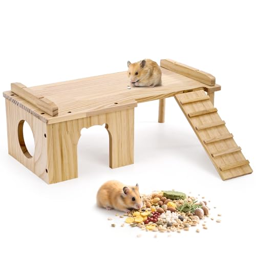 Hacaroa Wooden Hamster Hideout with Ladder, Large Hamster Platform Guinea Pig Hide Play House, Small Animals Climbing Toy Chinchillas Cage Accessories for Syrian Hamsters, Rats, Gerbils