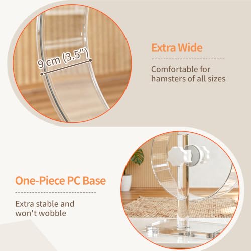 9.5" Silent Hamster Wheel - Clear Running Wheel | 9.5" compact size, easy-clean flat runway, quiet dual bearings, heavy-duty stable base, adjustable stand - size: 9.5"L x 5.0"W x 13.0"H