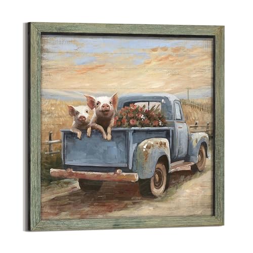 Farmhouse Wall Art Framed Picture: Rustic Farm Country Animal Print Decor Truck Wooden Artwork Pig Painting for Bathroom Bedroom Home 12 x 12 Inches - color: Pig on Truck, size: 12L" x 12W"