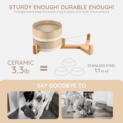 SPUNKYJUNKY Ceramic Dog and Cat Bowl Set with Wooden Stand, Modern Cute Weighted Food Water Bowl Set for Small Size Dogs (1.7 Cups, 2 × Pattern Brown) - color: Pattern Brown × 2, size: 1.7 cups