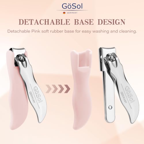 Nail Clippers Anti Splash, Sharp Curved Blades, Detachable Easy Clean Base | Premium Carbon Steel Manicure Tools with Catcher, Ergonomic Anti-Slip Soft Rubber Handle for Precise Trimming - color: Light Pink