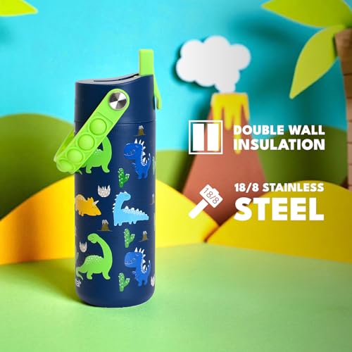 Elemental Insulated Kids Water Bottle, Stainless Steel Water Bottle with Straw Lid & Pop-It Handle, Leak-Proof Water Bottles for School, Boys or Girls, Travelling and Sports, 18oz - Dinosaur - color: Dinosaur