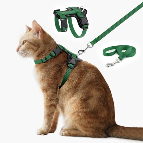 Plutus Pet Adjustable Cat Harness and Leash Set, with Leather Trim | Quick Release, Escape Proof Nylon Vest, for Kitten Small Medium Large Cats, Green - color: Green