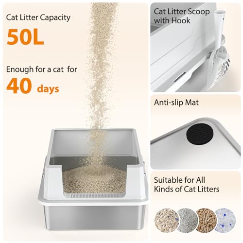 FURTIME Stainless Steel Cat Litter Box, Extra Large Cats Metal Litter Box | High-Sided Open-Top Easy-Clean Litter Pan for Multi-Cat Home, Non-Stick, Anti-Leakage, Comes with Scoop & Mat, 28"×20"×12.2" - color: Silver, size: XXX-Large