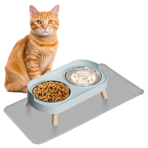 Elevated Cat Bowl with Food Mat, Raised Cat Food and Water Bowl Set for Indoor Cats, Splash Proof with 2 Stainless Steel Pet Food Bowls for Cats and Puppies,Whisker Fatigue and Dishwasher Safe (Blue) - color: Cat Bowls with mat - blue