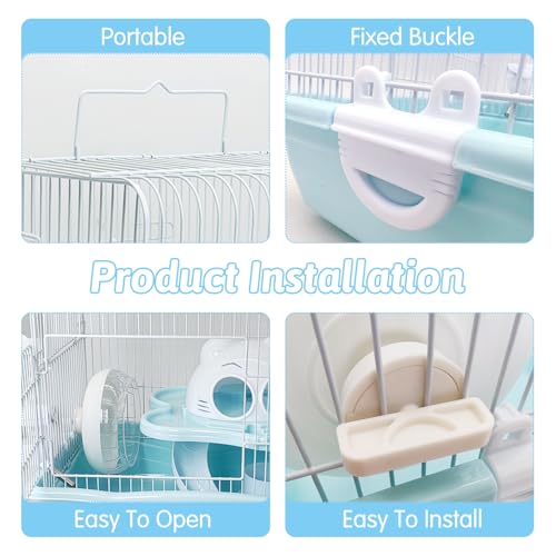 PINVNBY Dwarf Hamster Cage, Small Animal Cages, 2-Tier Travel Portable Mouse Cage Hamster Carrier with Castle House Running Exercise Wheels, Water Bottle and Food Dish（Blue） - color: Blue, size: L: 13.78x10.23x11.02in