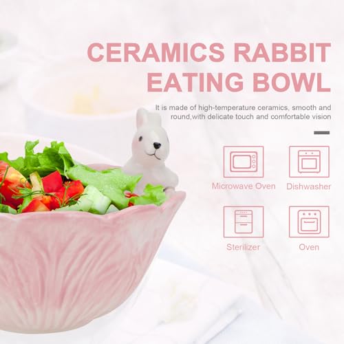Yardwe Pink Ceramic Bunny Bowl, 5.9 Inch Cabbage Leaf Shaped Rabbit Dish for Easter Candy Dessert Snack, Cute Porcelain Animal Cereal Soup Serving Bowl for Home Kitchen Table Decoration