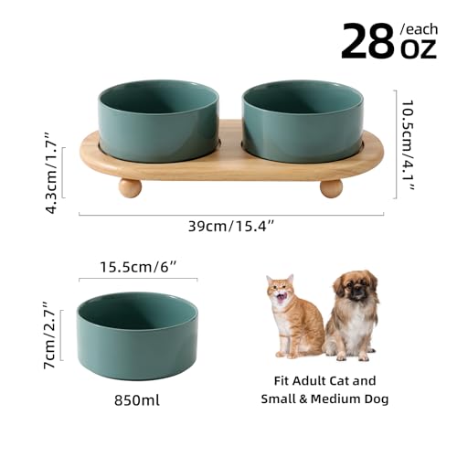 Havniva Raised Cat Bowl, 6.1” Elevated Ceramic Cat Food and Water Bowl Set | Cat Bowls Elevated, Whisker Friendly Cat Bowl, Non-Slip Wood Stand, Food-Grade Ceramic, Wide Opening, Dishwasher Safe - color: 2 x Bowl + Stand - Dark Green, size: 6.1inch
