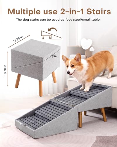 17.13" H Split Ottoman Dog Stairs for Couch and Bed, Dog Ramp for Small Dogs and Cats, Foldable 2 in 1 Pet Steps for Medium Large Dogs and Puppy, Non-Slip Wooden Doggie Steps - size: 17.13" H- Light Grey