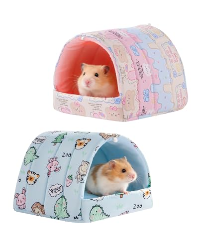 2 PCS Hamster Hideout,Washable Hamster Bed Hamster Bed Hut Hamster House, Small Animal Cage Accessories for Mouse Hedgehogs Ferrets Bearded Dragons and Rats - color: Pink+Blue, size: 6*6in