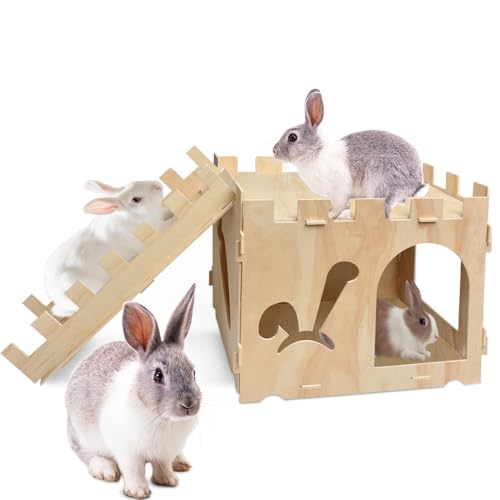 Large Wooden Sturdy Rabbit Houses and Hideouts, Detachable Bunny House Indoor Rabbits Castle Play House with Stairs for Rabbit Guinea Pig Chinchilla